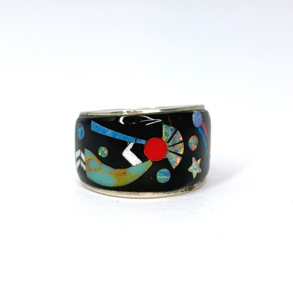 Gilbert Smith Navajo Sterling Silver Night Sky Kokopelli Micro Opal Inlay Ring 6